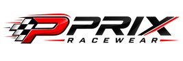 Prix Racewear horizontal motorsport logo with red racing P and checkered flag design