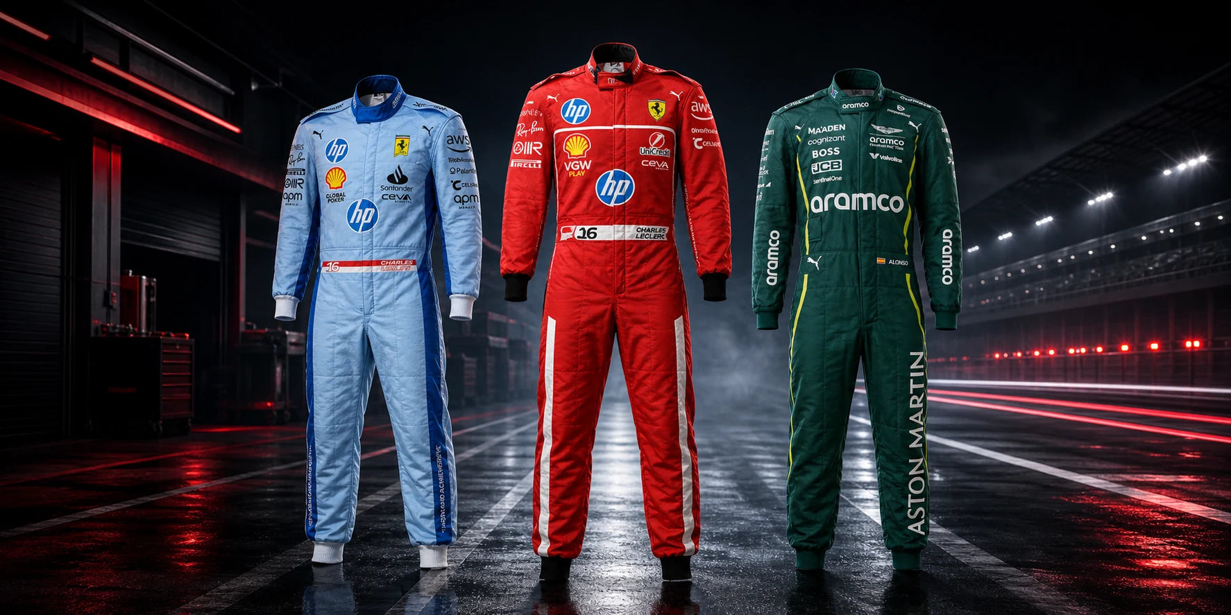 Three premium racing suits on a night-time starting grid